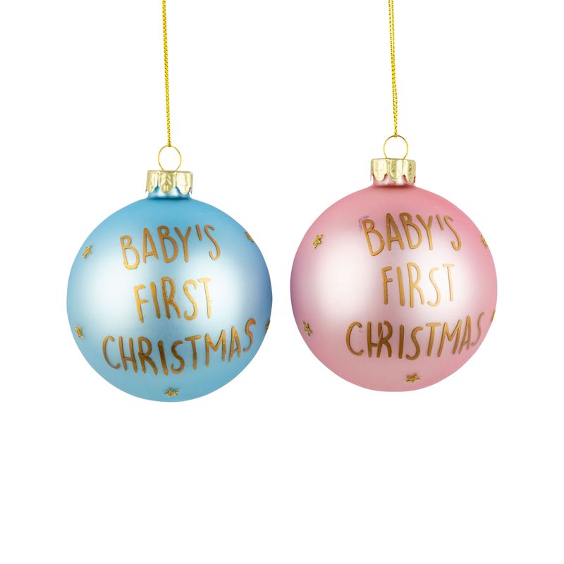 2 Asst&#39;d glass ball ornaments, pink and blue baby&#39;s first bear &amp; Christmas tree, 80mm/3 in  12
