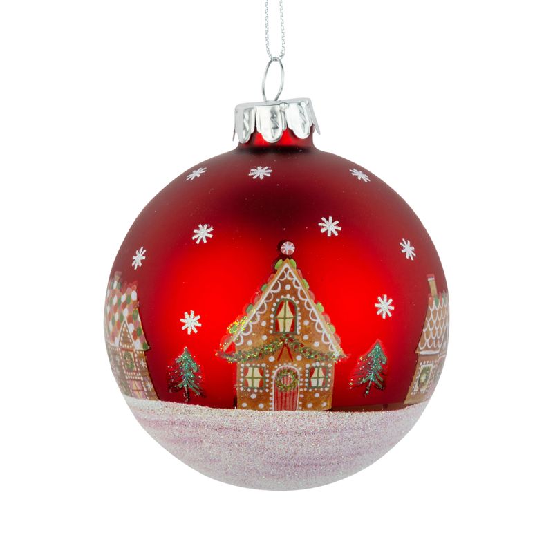 Glass ball ornament, matte red, gingerbread house with glitter snow, 80mm/3 in  12