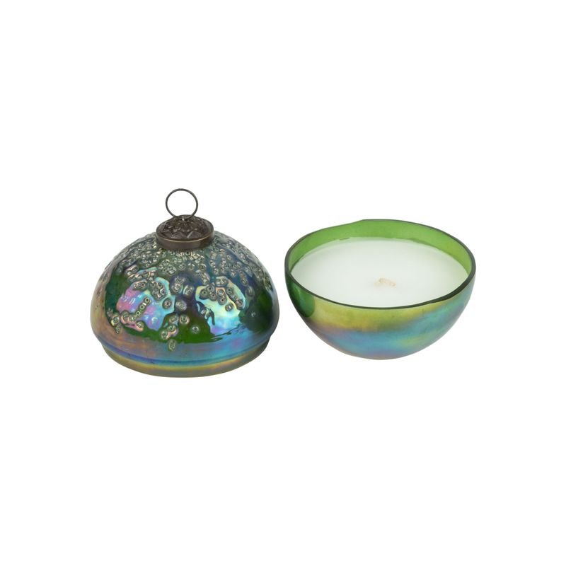 Iridescent teal lidded glass ball with poured candle, textured top Lightly scented, 3.5 in  6