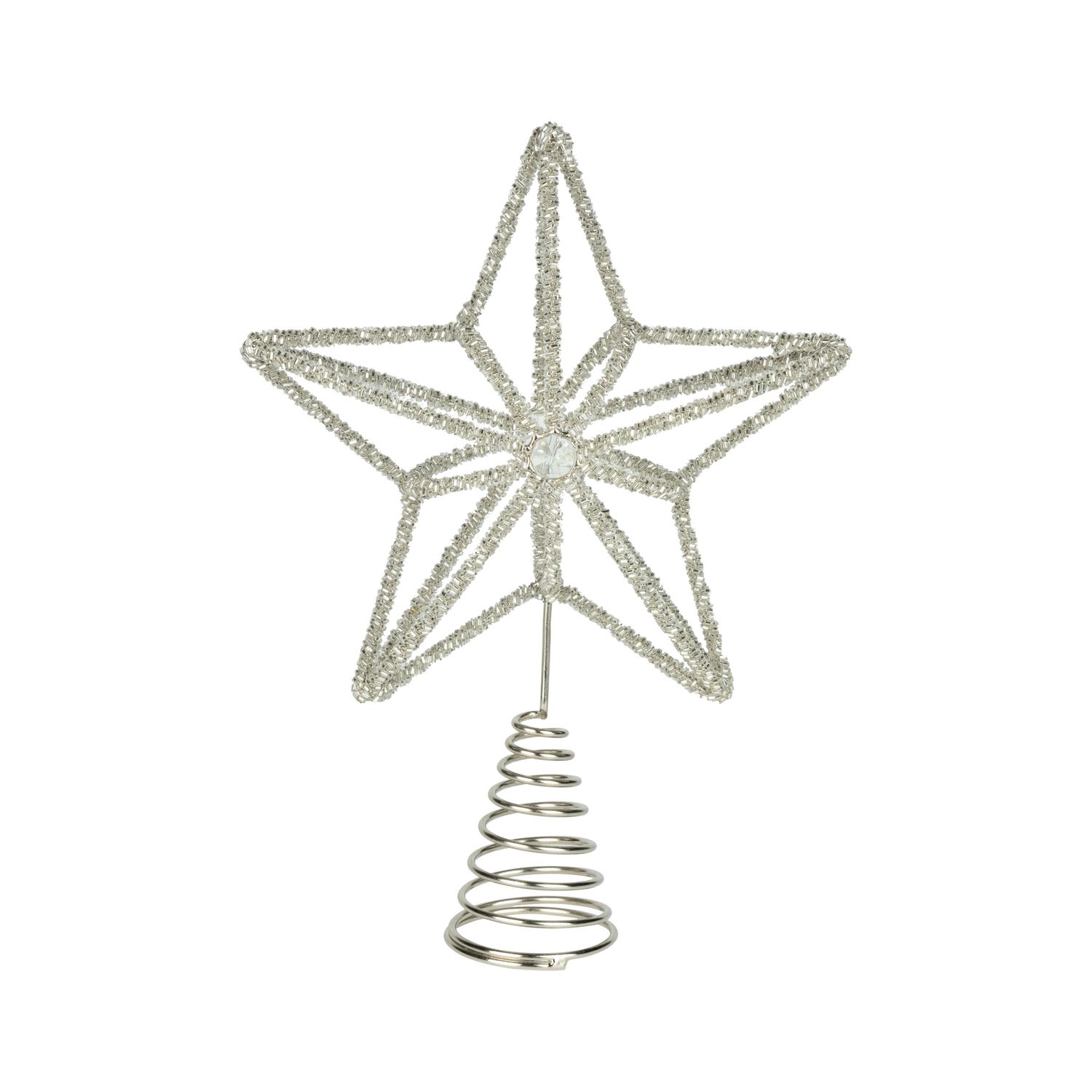 Clear glass bead star on silver wire frame tree topper with center glass jewel, 10.5 in  6