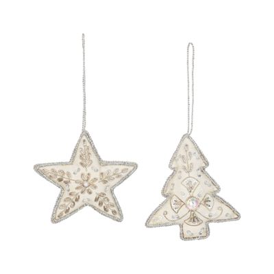 2 Asst&#39;d embroidered white satin tree and star ornament with silver braid edge, 4 in  12