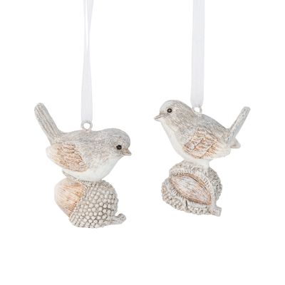 2 Asst&#39;d white and pale brown resin bird ornaments on acorn and chestnut, 2.25 in  12