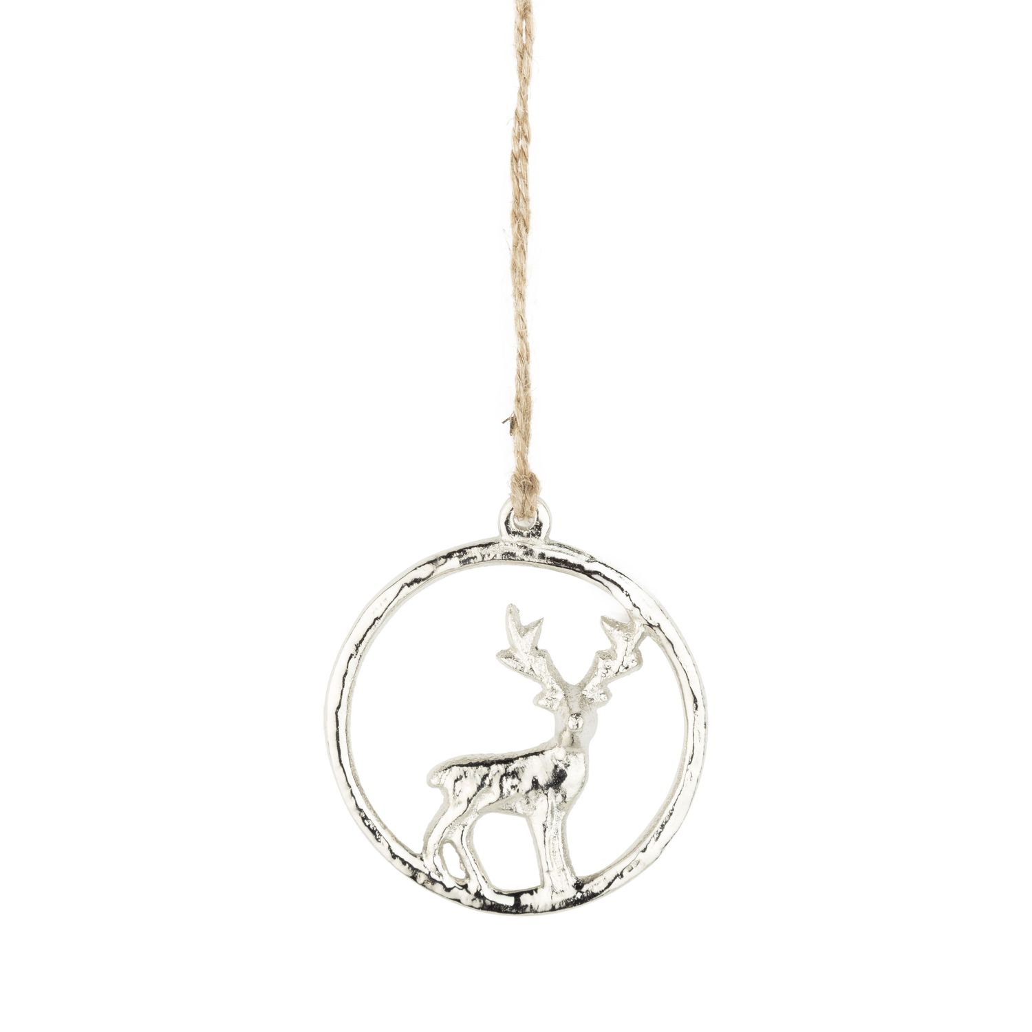 Cast metal deer in hoop ornament, silver, 2.75 in  12