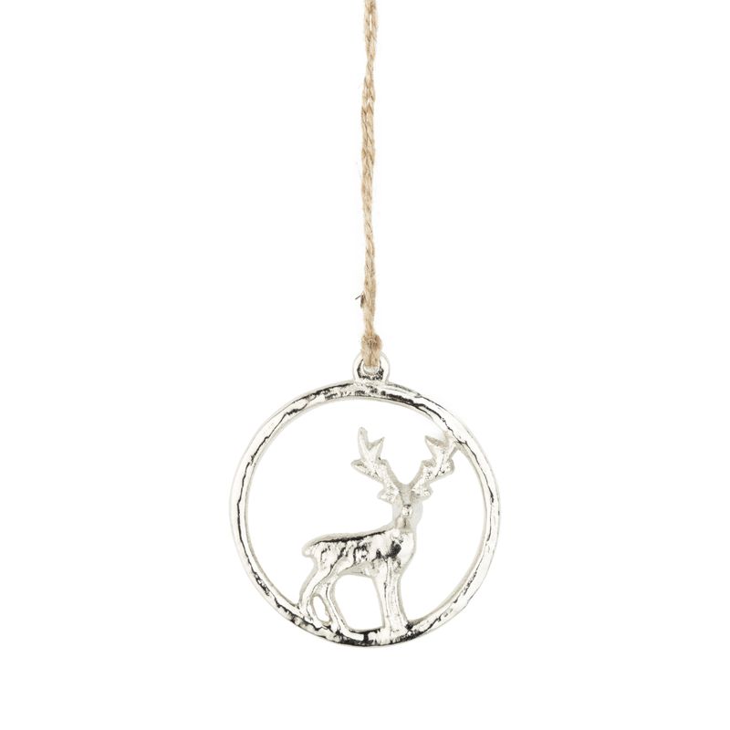 Cast metal deer in hoop ornament, silver, 2.75 in  12