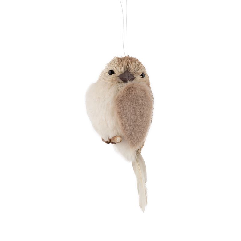 Grass covered bird ornament, white and pale beige, 3 in  12
