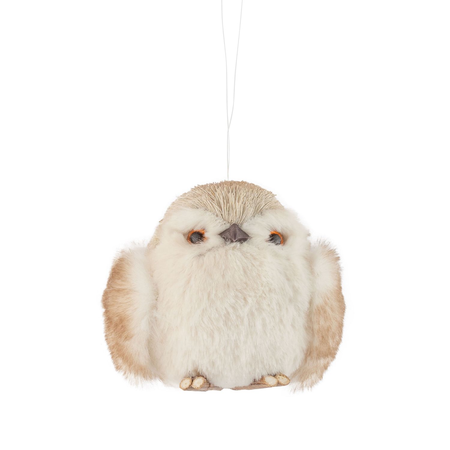 Grass covered owl ornament with plush wings, light beige, 3.5 in  8