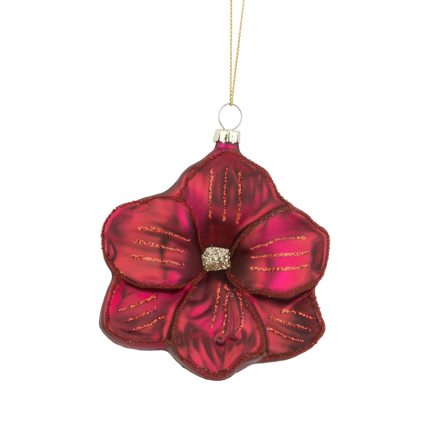 Glass hibiscus ornament, red with gold accents, 4 in  6
