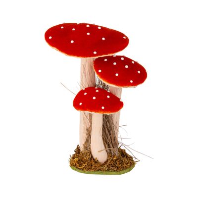 Red mushroom table piece, soft velvet material with white dot paper stem and base with moss, 10 in  4