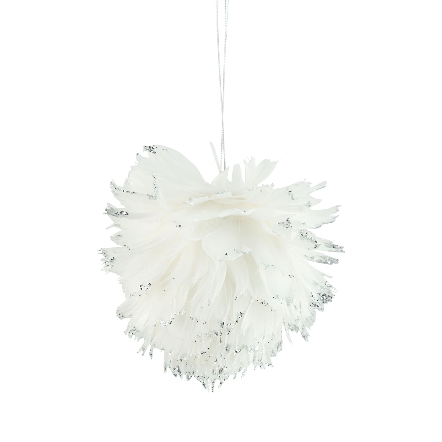 White feather ornament, layered with delicate texture and silver glitter tips, 4 in  12