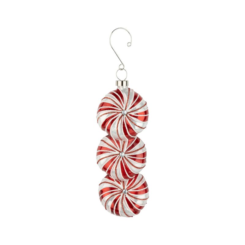 Glass ornament, peppermint candy stack, red and white design, 6 in  12