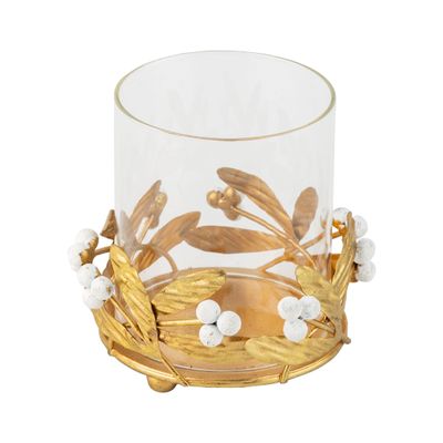 Antique gold metal mistletoe pillar holder with white berries, glass insert included, 4 in  4