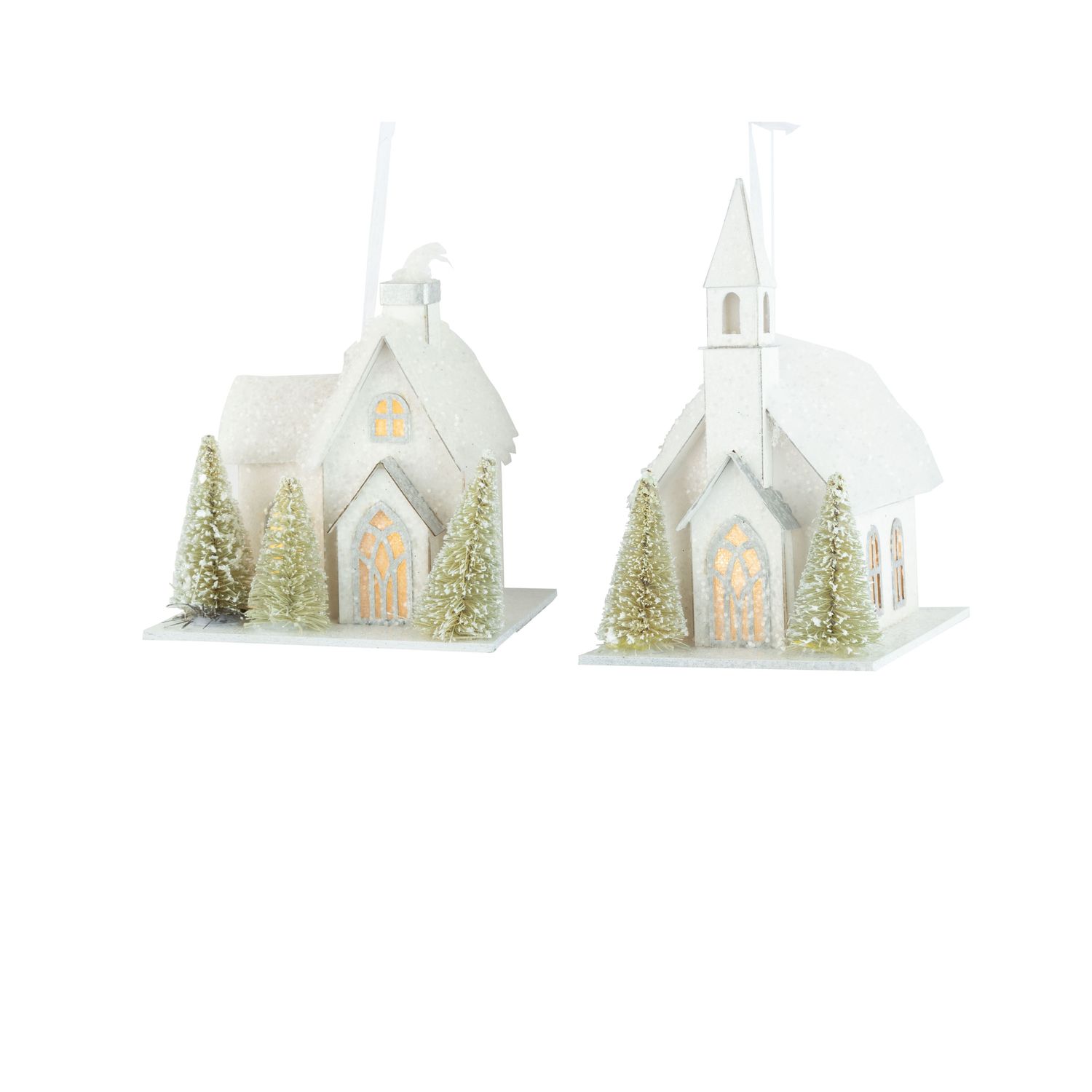 2 Asst&#39;d paper house and church ornaments, LED lights with sisal trees, 4+5 in  6
