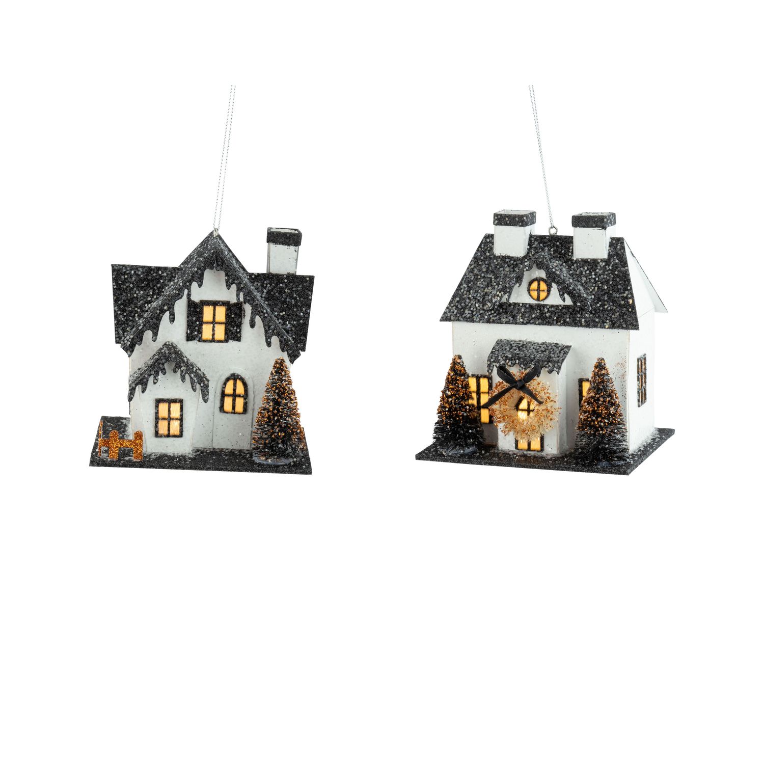 2 Asst&#39;d paper Halloween house, black and white with LED lights, 4.5 in  6      