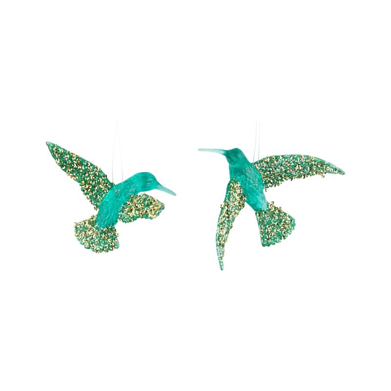 2 Asst&#39;d acrylic humming bird ornaments, teal with beads, 4.5 in  24