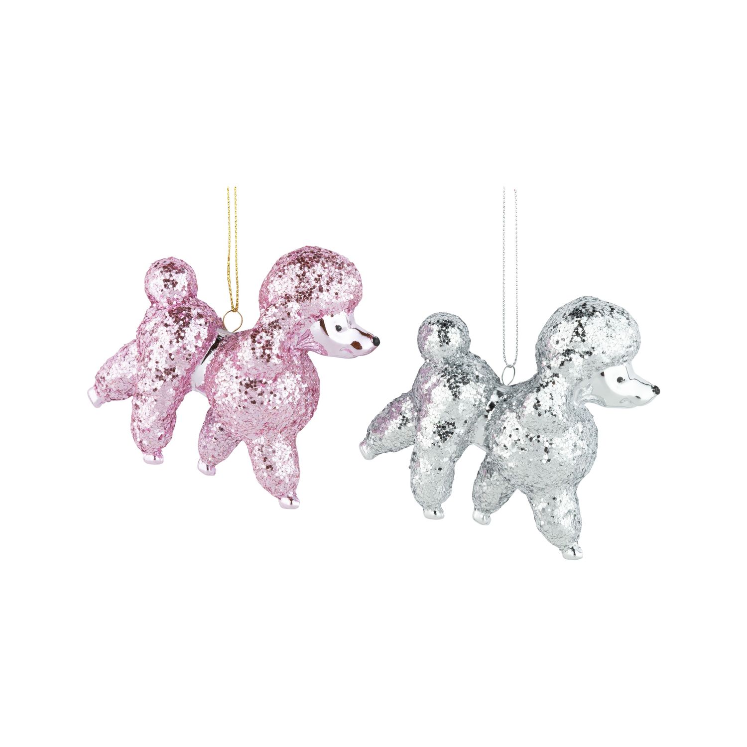 2 Asst&#39;d glittered plastic poodle ornaments, 3.5 in  12