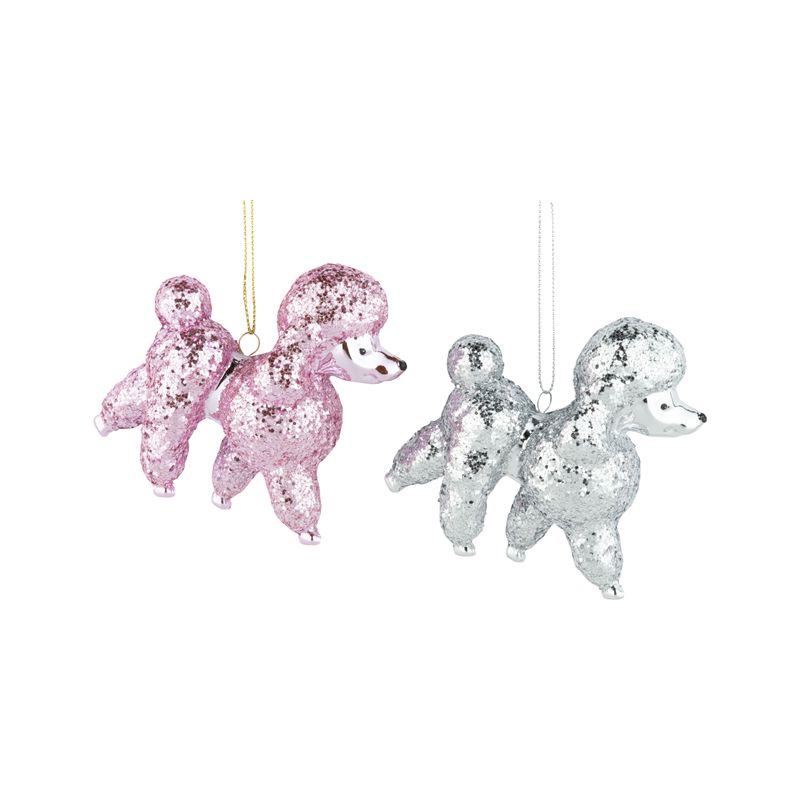 2 Asst&#39;d glittered plastic poodle ornaments, 3.5 in  12