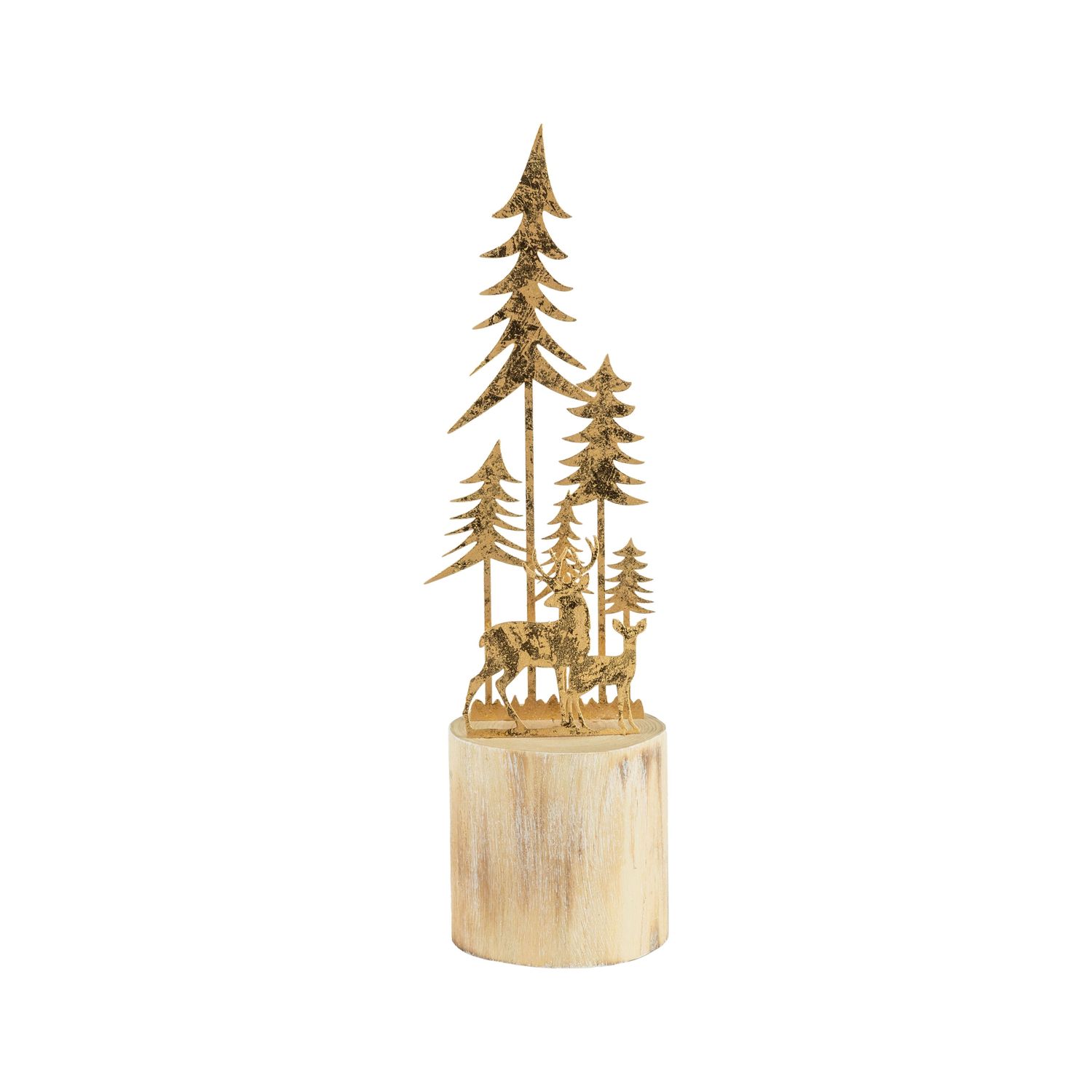 Gold foiled metal vertical forest scene on rustic wood base, 12 in  6