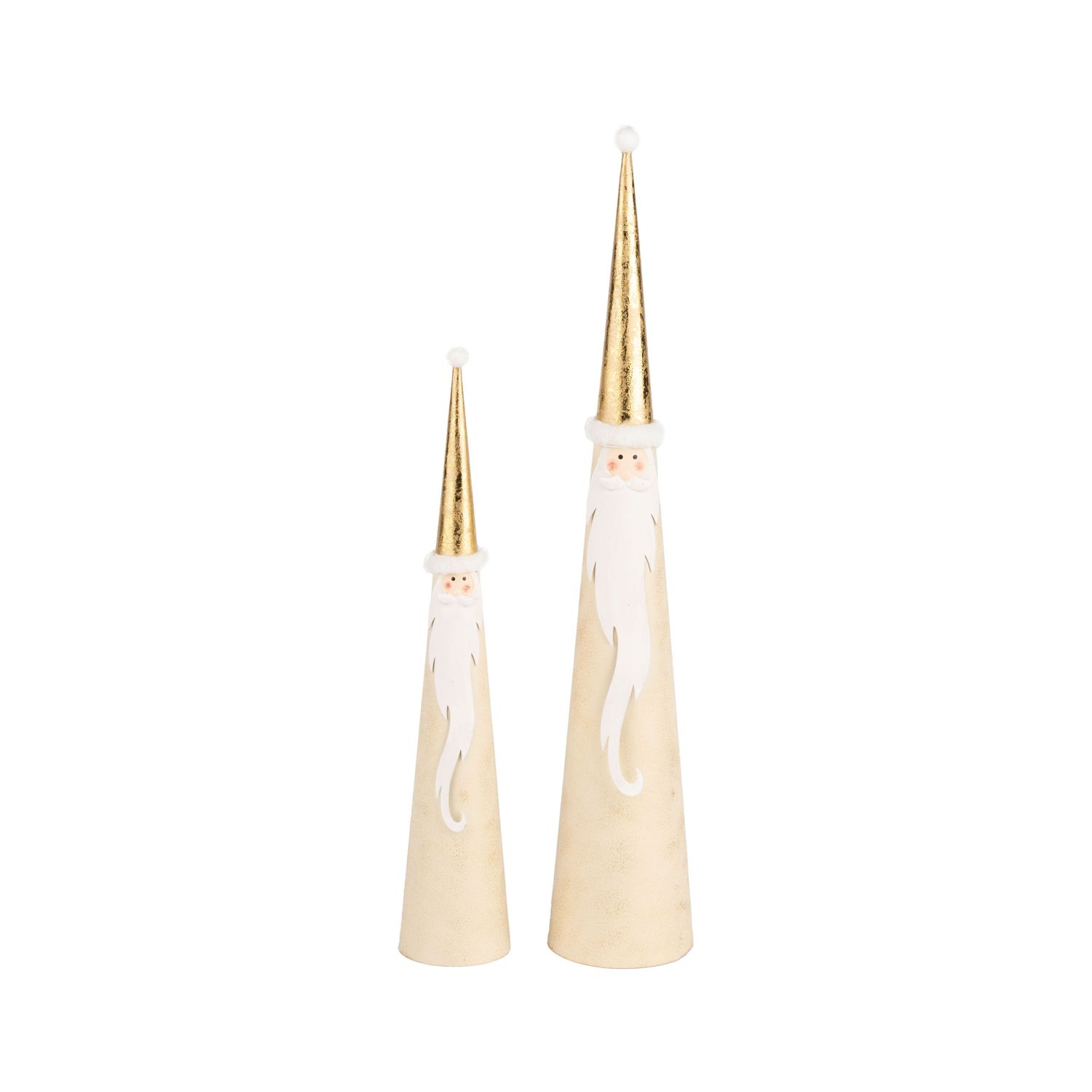 Set of 2 cream and gold metal cone Santa table pieces, foiled hat and 3D beards 11+14.5 in  4