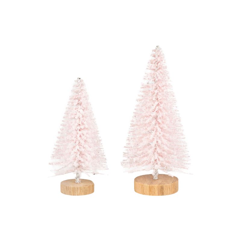 Set of 2 frosted bottle brush tree, soft pink tone, wooden base, 3.5+5 in  12