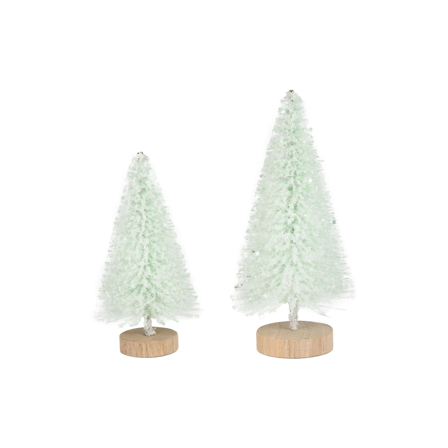 Set of 2 frosted bottle brush tree, soft green tone, wooden base, 3.5+5 in  12