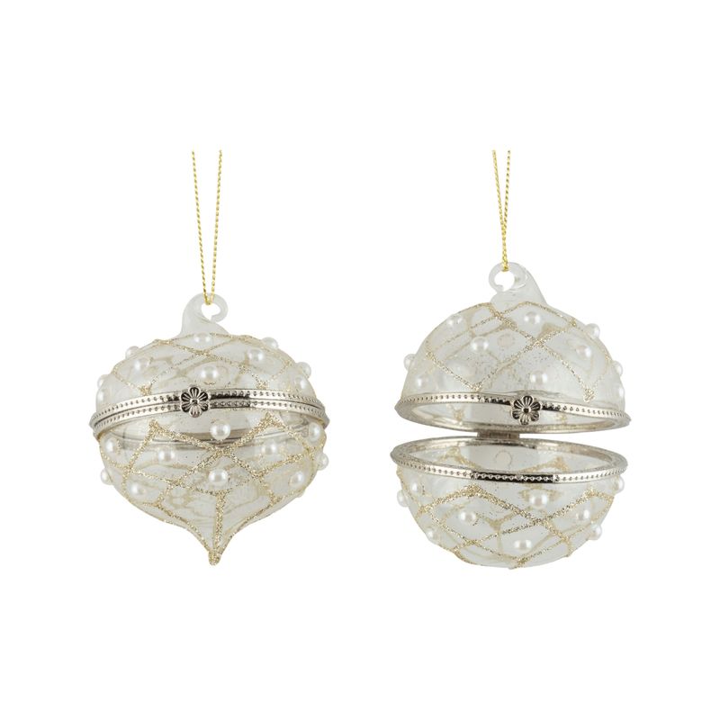 2 Asst&#39;d glass ball and drop keepsake ornament, clear with pale silver lattice and pearls beads, 2.4 in  12