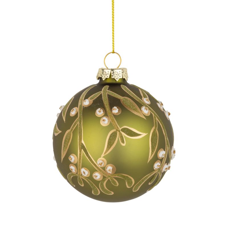 Glass ball ornament apple green with gold and green mistletoe design, 80 mm/3 in  12