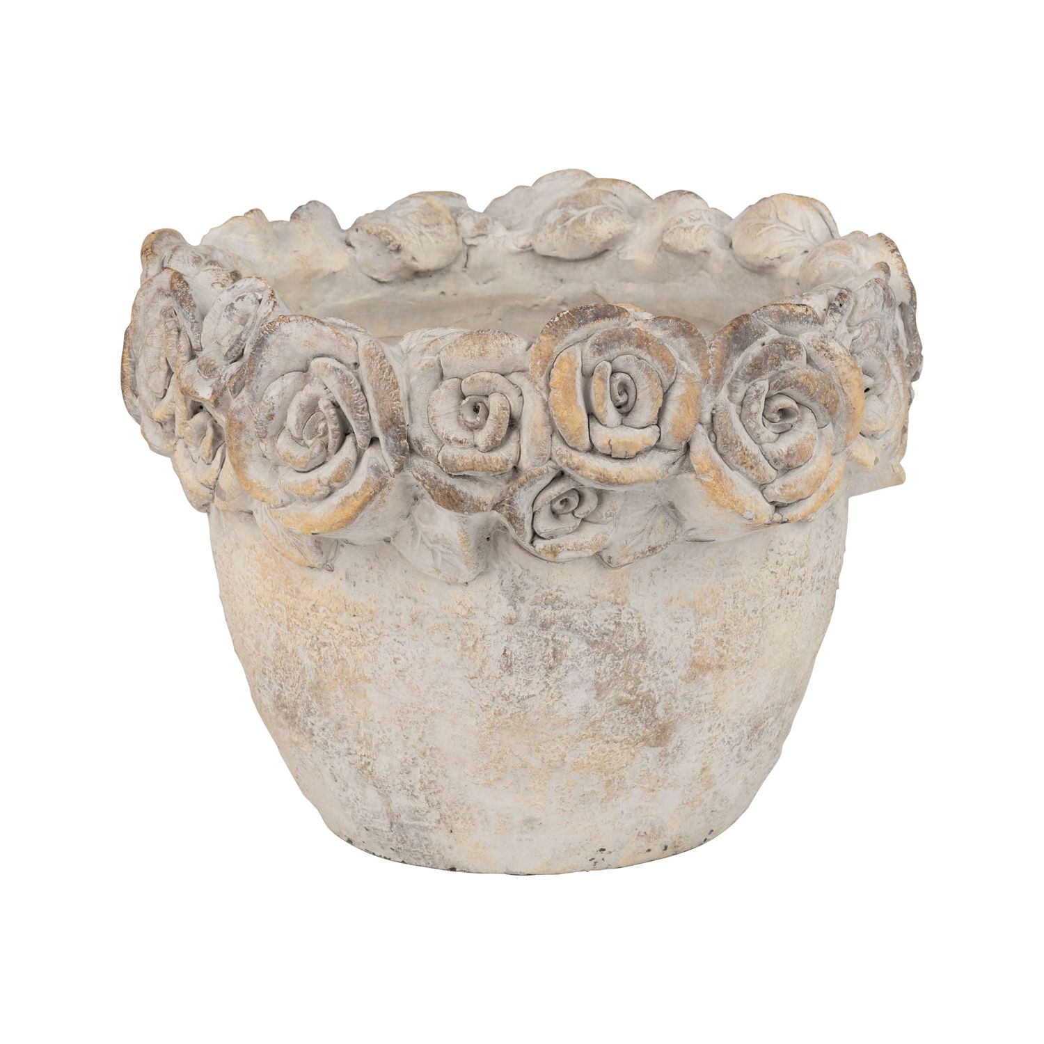 Molded cement tapered pot cover with floral rim, light gold wash finish, 9.5 in  2       