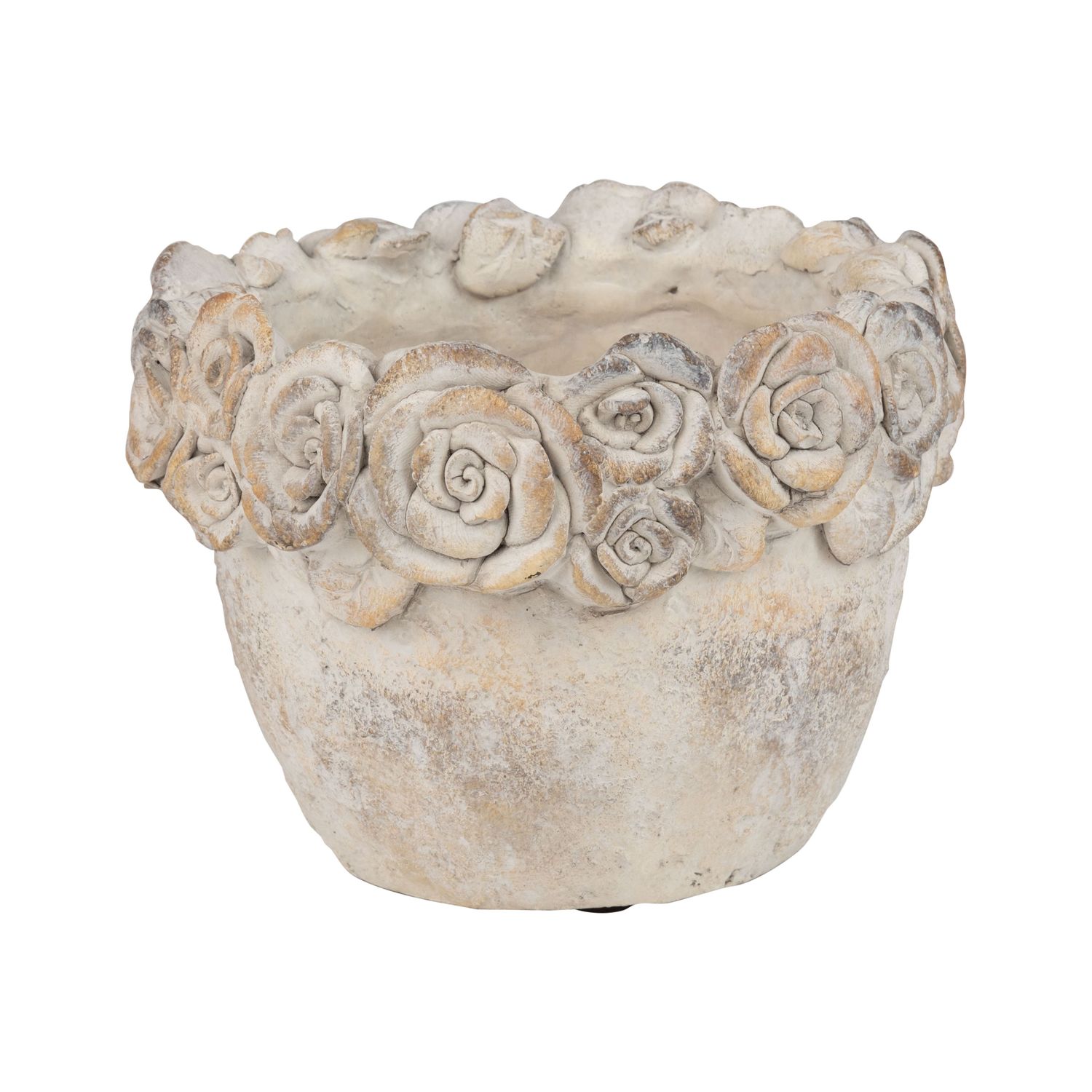 Molded cement tapered pot cover with floral rim, light gold wash finish, 7.5 in  2       