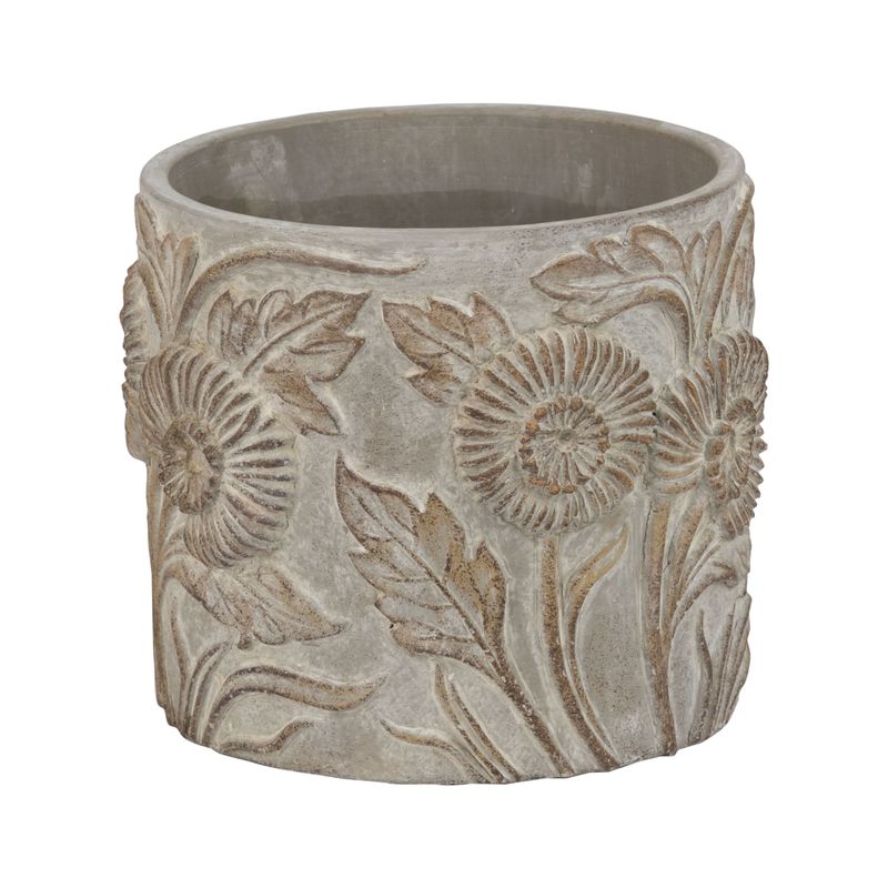 Molded cement pot cover with floral designs, antique wash finish, 6 in  2       
