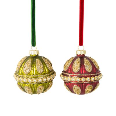 2 Asst&#39;d glass ball ornament, matte red and green with gold beads and diamante center bands, 2.5 in  12