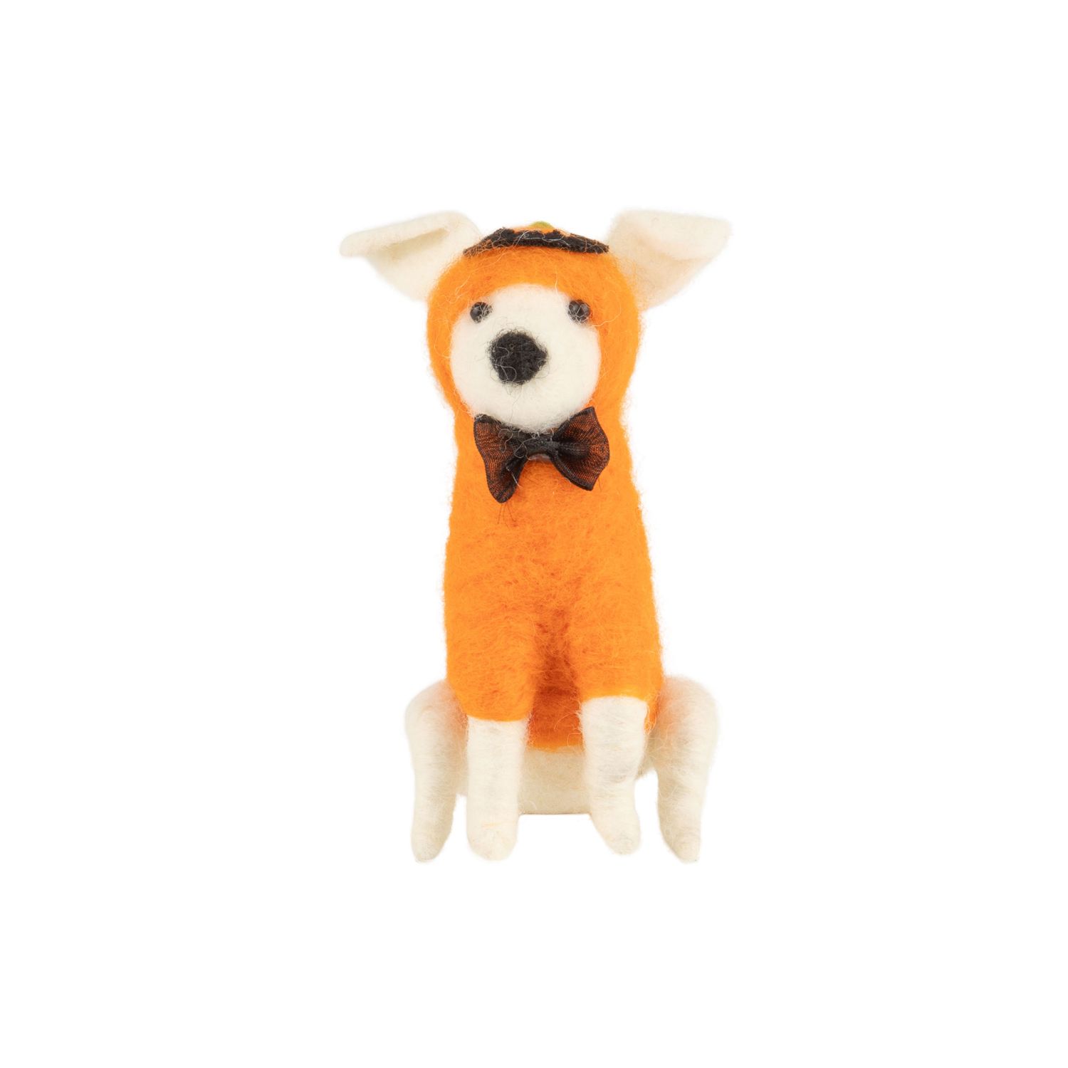 White felt dog in pumpkin costume table piece, 4 in  6