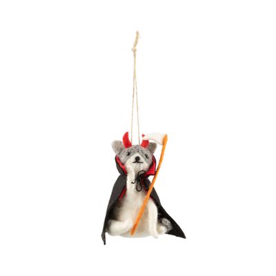 White felt dog in devil costume ornament with red horns, 4.5 in  4      
