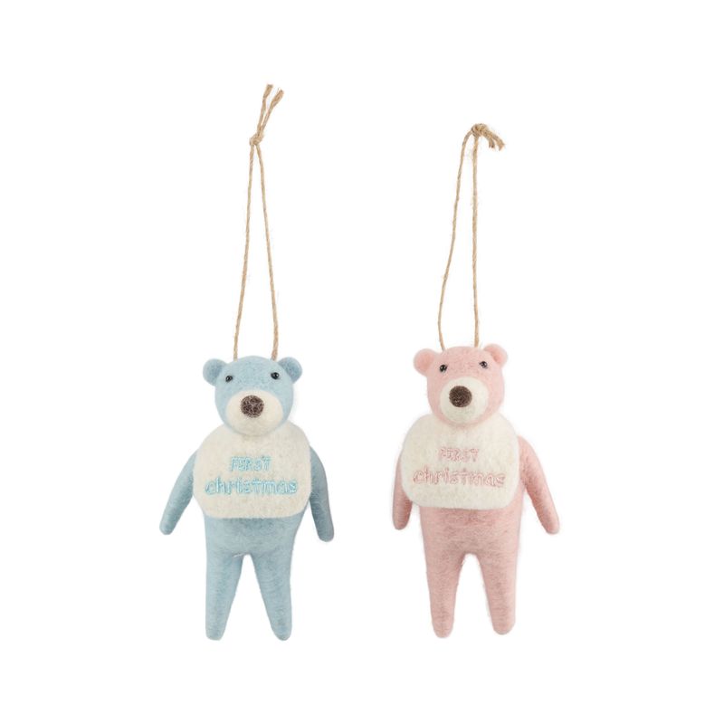 2 Asst&#39;d pink and blue embroidered felt baby&#39;s first bear ornaments, 4 in  6
