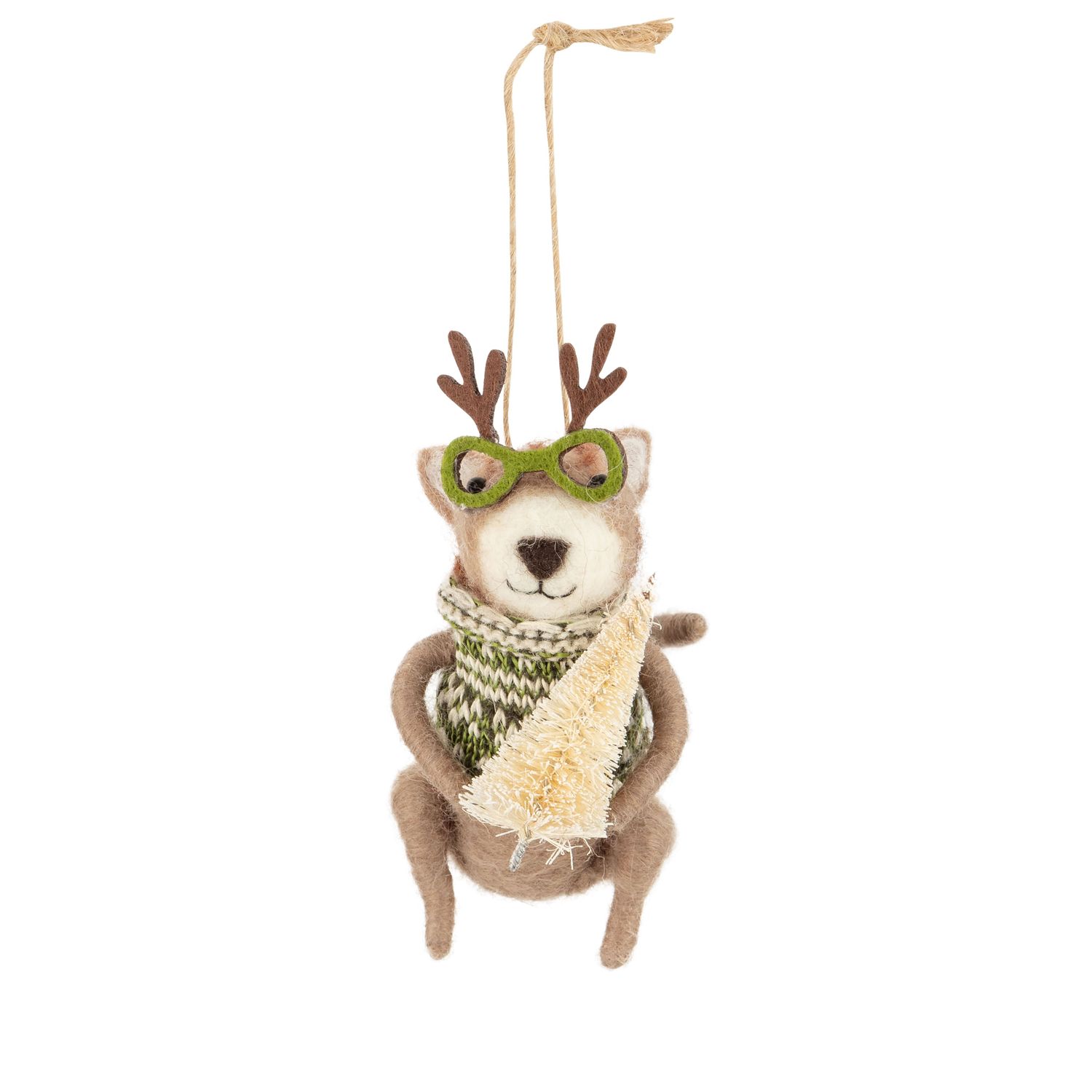 Grey felt cat ornament with antlers glasses, holding a small sisal tree, 4.5 in  6