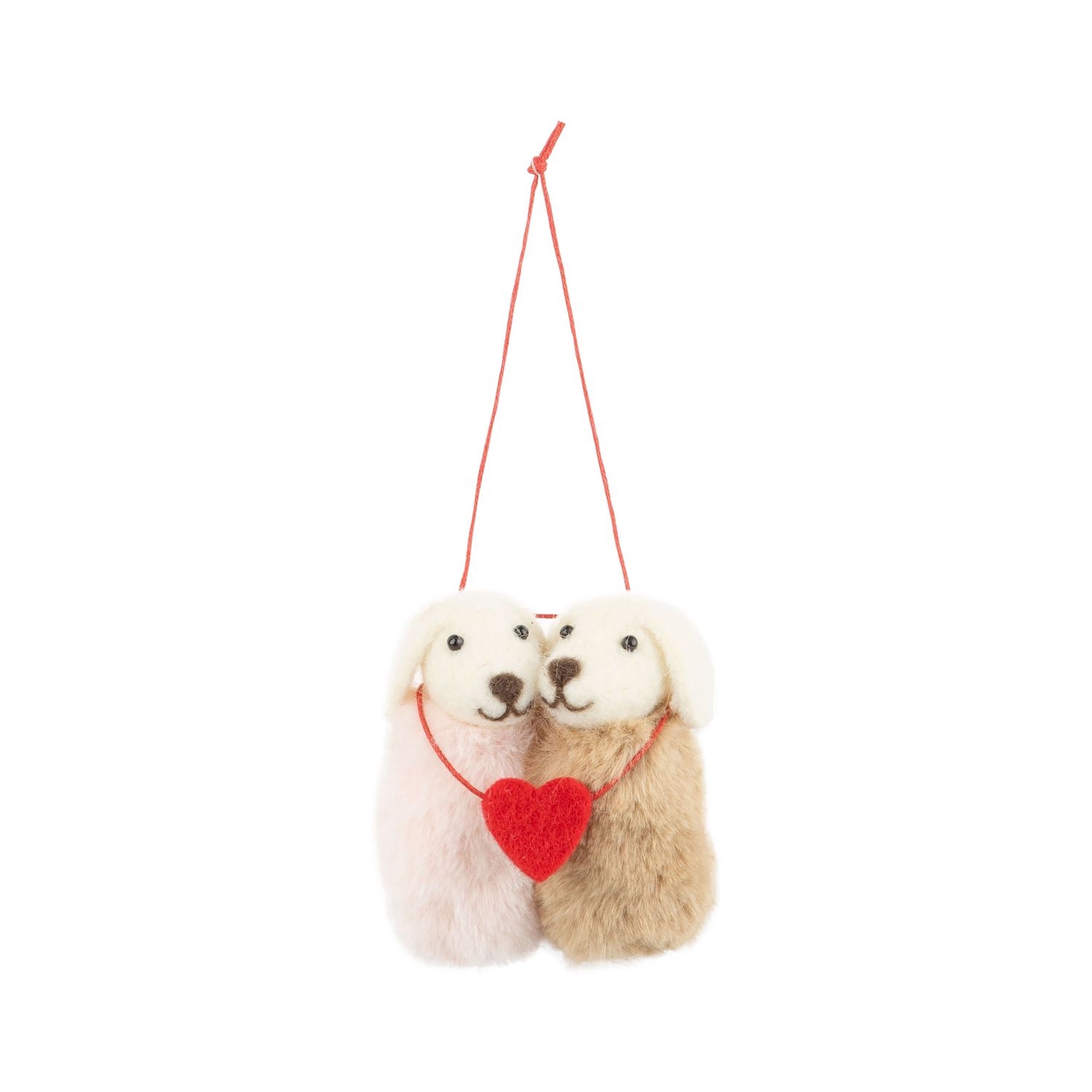 Felt dog couple ornament, pink and brown plush with red felt heart, 3.5 in  6