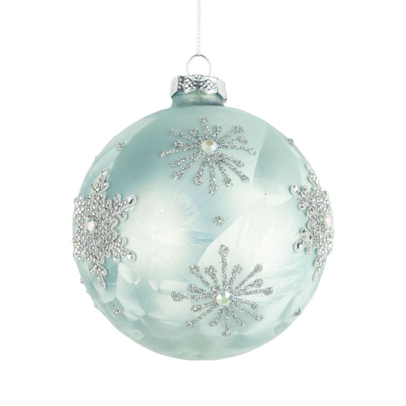 Glass ball ornament, pale aqua with silver glittered snowflakes, 100 mm/4 in  12