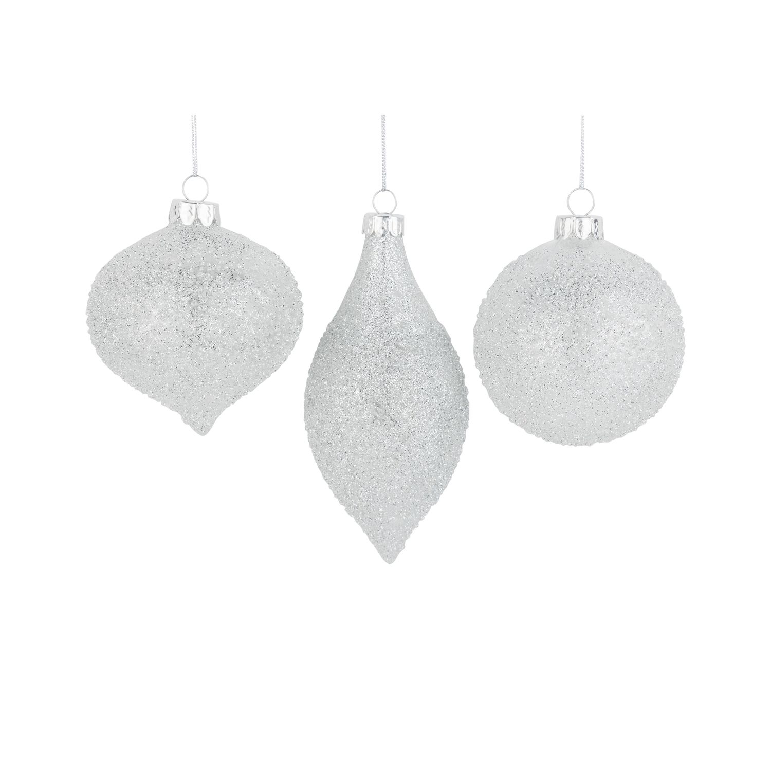 3 Asst&#39;d silver glitter-glass ornaments, 3+5.25 in  24