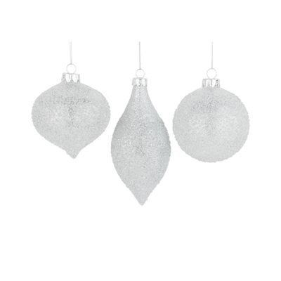 3 Asst&#39;d silver glitter-glass ornaments, 3+5.25 in  24