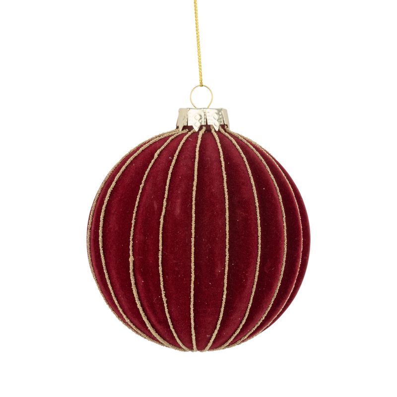 Fluted glass ball ornament, deep red flock with gold beads, 100 mm/4 in  12