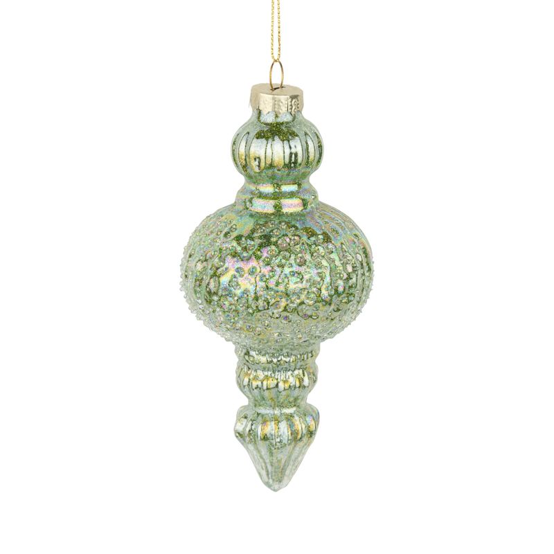 Molded glass finial ornament iridescent green finish, 5.25 in  12