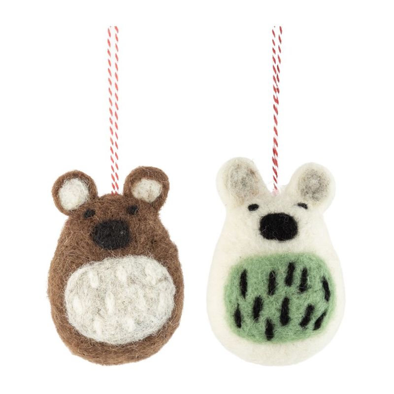 2 Asst&#39;d felt bear ornaments, white/green and brown/cream, 2.85 in  12