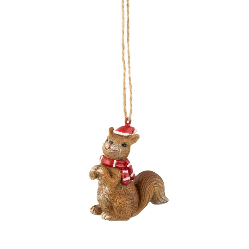 Painted resin squirrel with red scarf and hat ornament, 2.2 in  24