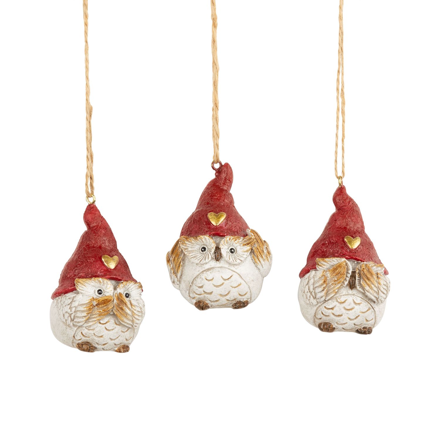 3 Asst&#39;d painted resin small owl with red hat ornaments, 2.5 in  12