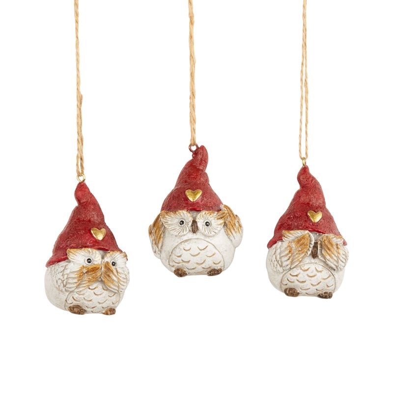 3 Asst&#39;d painted resin small owl with red hat ornaments, 2.5 in  12