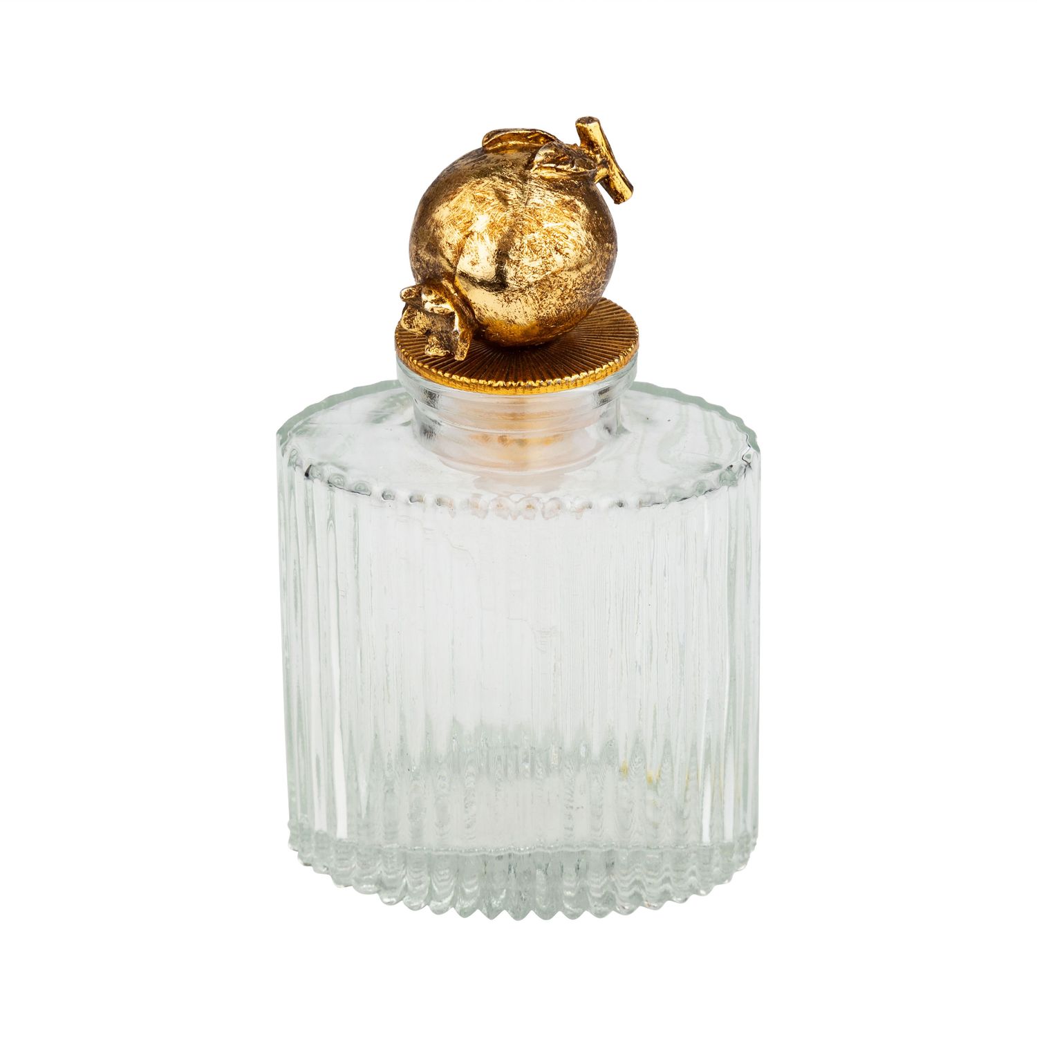 Molded glass bottle with brass pomegranate-shaped stopper, 4 in  6       
