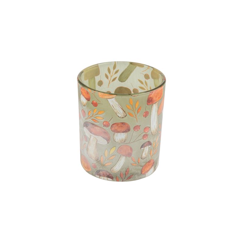 Frosted green glass holder table piece, mushroom scatter print, 3 in  6