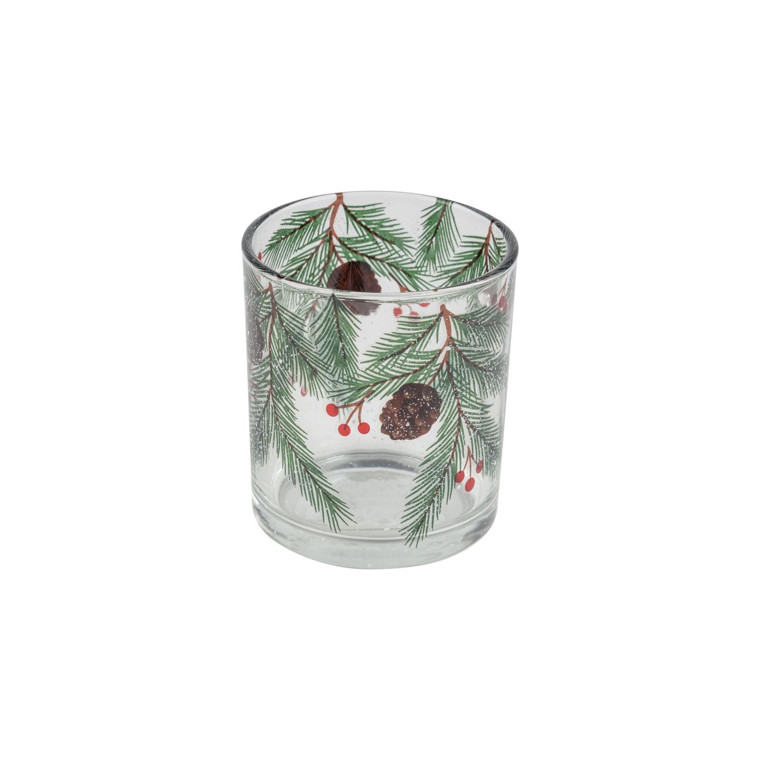 Glass holder table piece, clear with pine boughs, cones and berries, 3 in  12