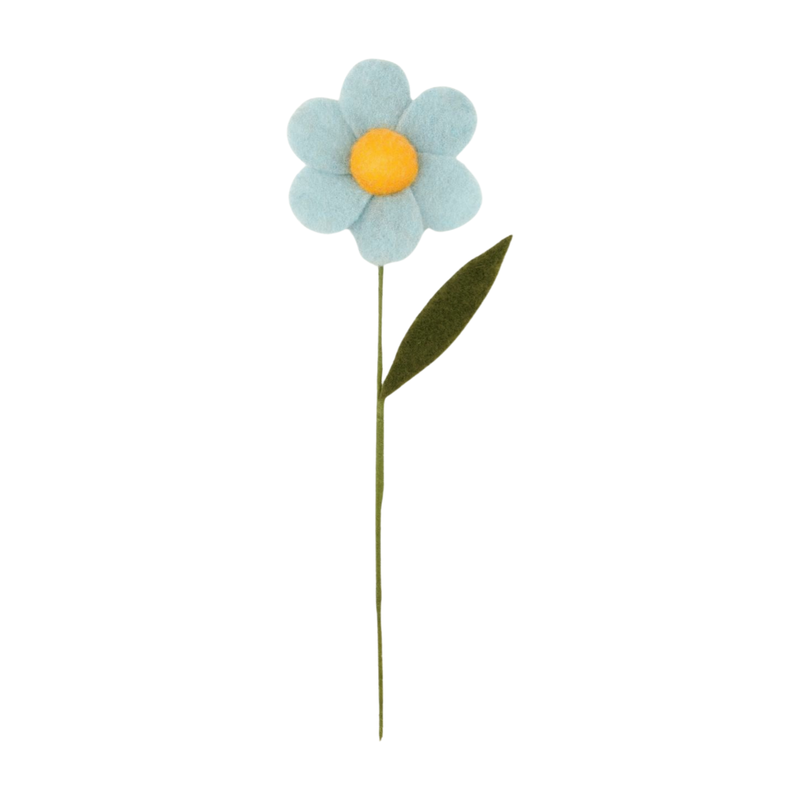 Felt daisy shape flower on wrap wire pick, blue with yellow center, 14 in  12       