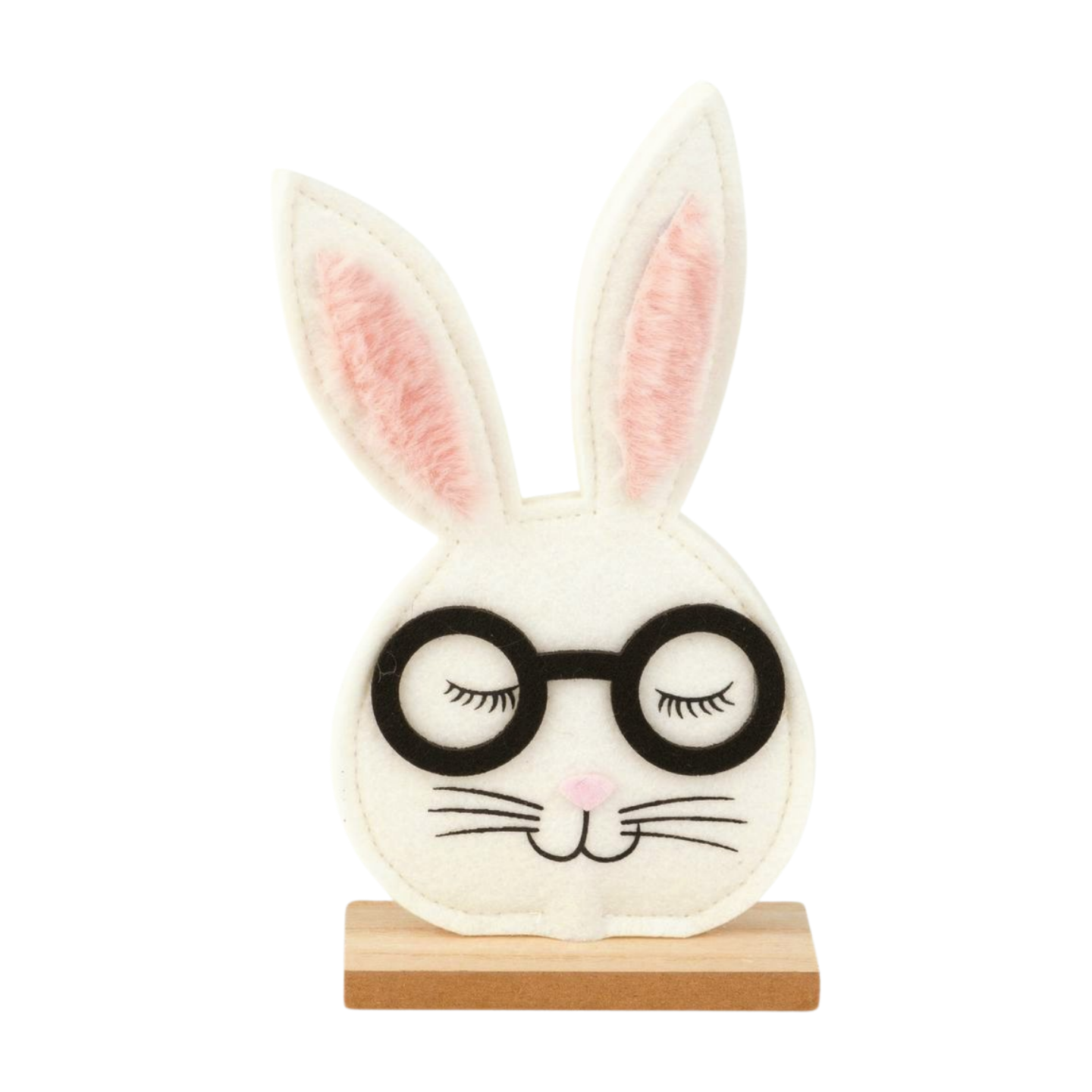 Felt bunny face with wood glasses, off white on wood base, 7.5 in  6       