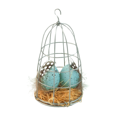 Wire caged eggs on straw bed, pale blue, 5 in  6       